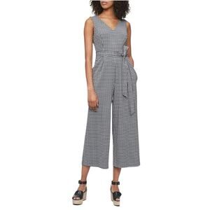 NWT CALVIN KLEIN Black White Houndstooth Jumpsuit & Belt Size 12 V-neck Pockets
